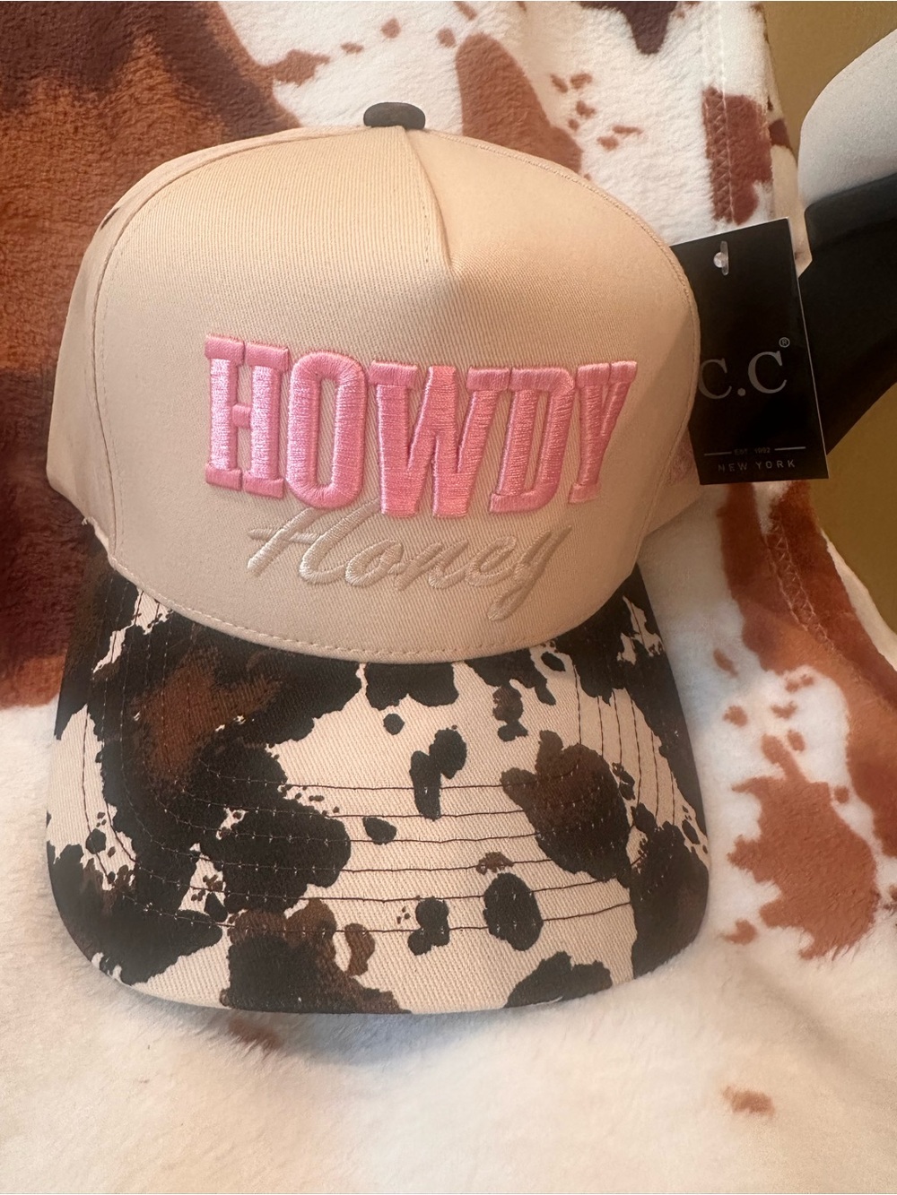 C.C Beige Cap with Pink 'Howdy' Embroidery and Cow Print Brim